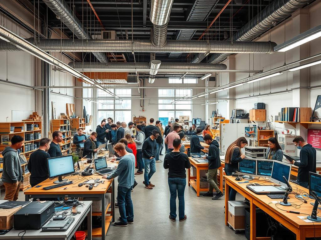 People working in a collaborative maker environment